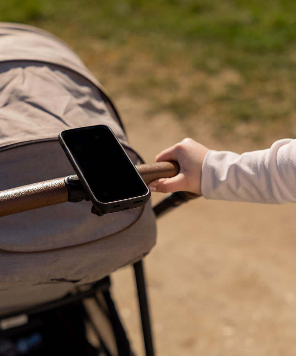 StrideCharge attached to a baby stroller