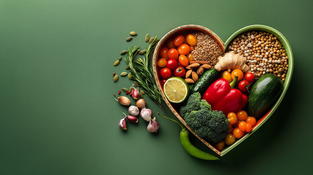 A heart shaped bowl filled with fruits, vegetables, and grains