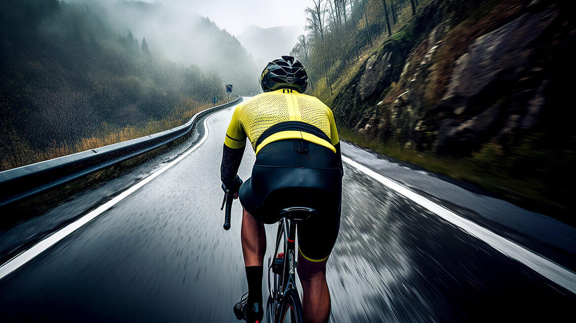 A cyclist biking on a road while it is raining