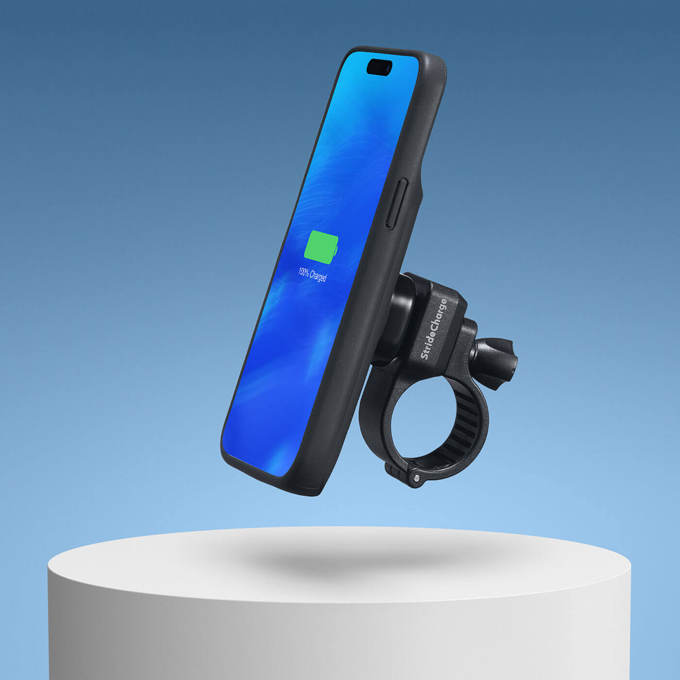 The StrideCharge Mount attached to the Charge Case hovering over a circular table with a blue background